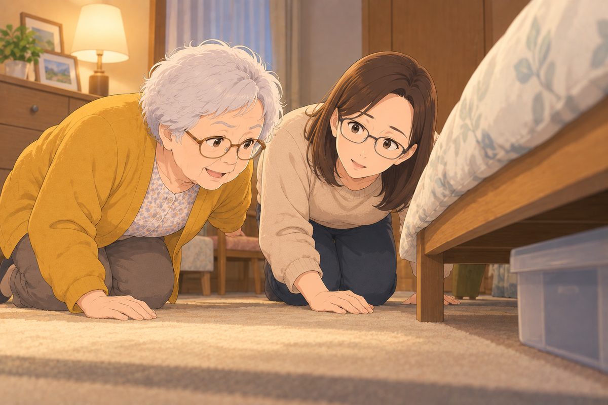 娘と母が一緒にベッドの下をのぞきこんでいる