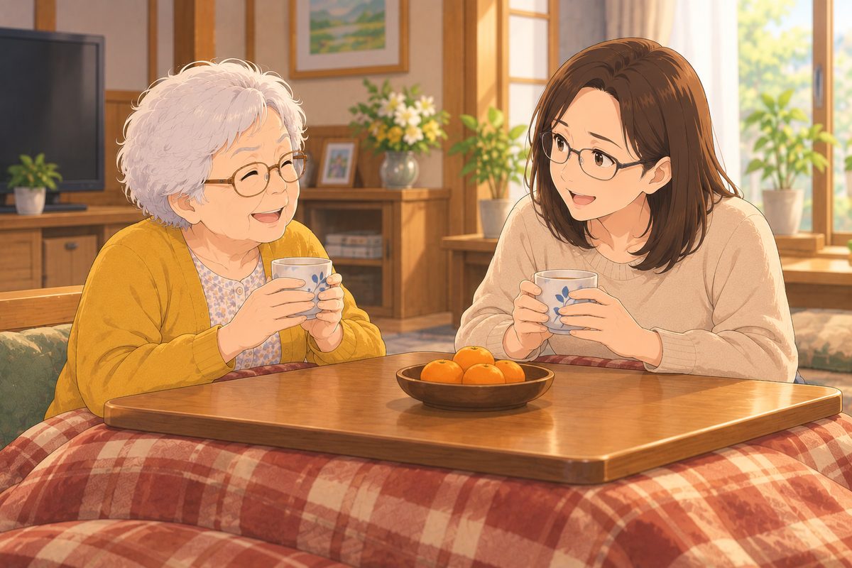 こたつで母と娘が向かい合って笑顔で話している